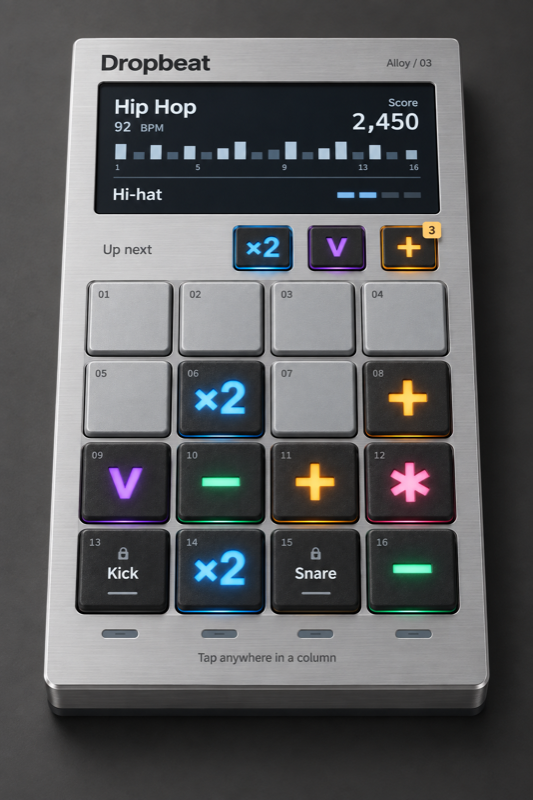 Dropbeat: a silver drum machine with a 4x4 pad grid, colored modifier tokens, and an LCD showing Hip Hop at 92 BPM